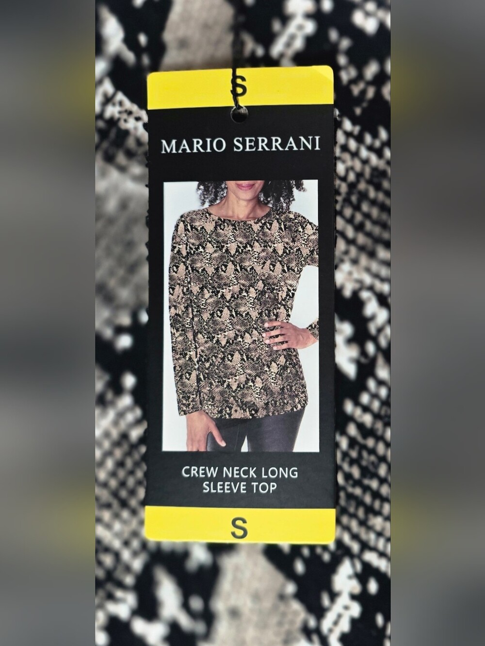 Mario Serrani NWT Black and Tan Snake-Print Crew Neck Long Sleeve Top Size Small